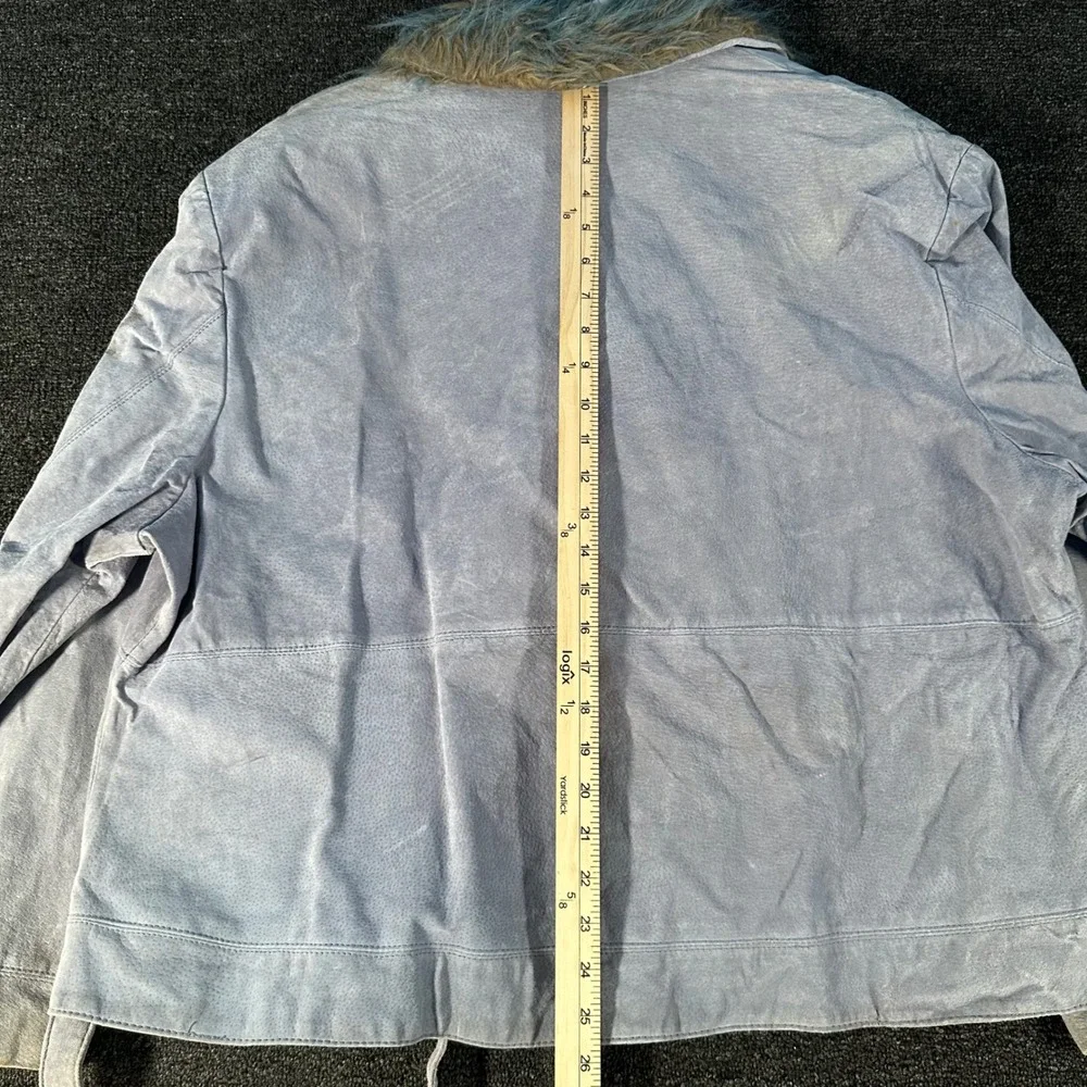 Outbrook Suede Jacket Woman 3X Blue Good Faux Fur Collar Double Breasted Belted